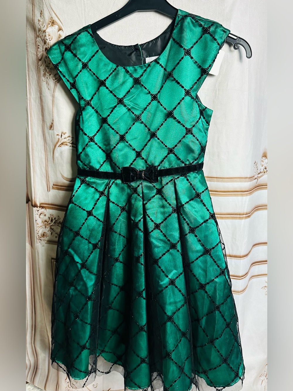 Jona Michelle Emerald Green Lattice Party Dress with Velvet Bow - Picture 9 of 13